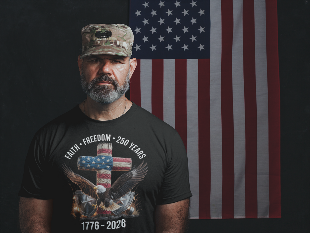 USA 250th Anniversary T-Shirt – 1776–2026 | Built on Freedom-Flag Cross