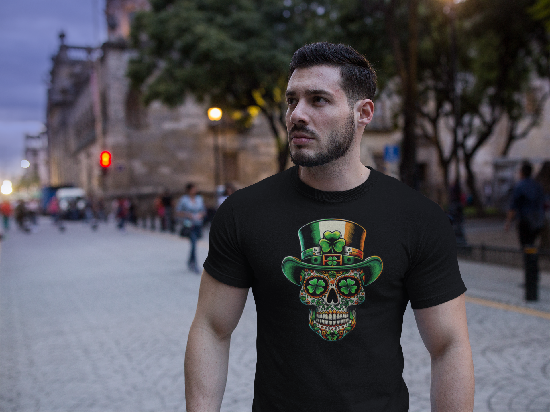 Man wearing a black t-shirt with a colorful skull design featuring an Irish flag in an urban setting.